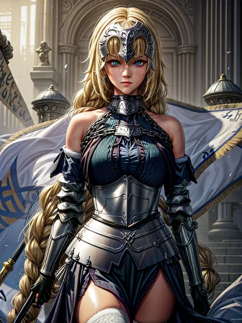 1girl, jeanne d'arc (fate),  glasses,, (blonde hair:1.4), long hair, (green eyes), (medium breasts:1.2), thicc thighs, curvy hip...