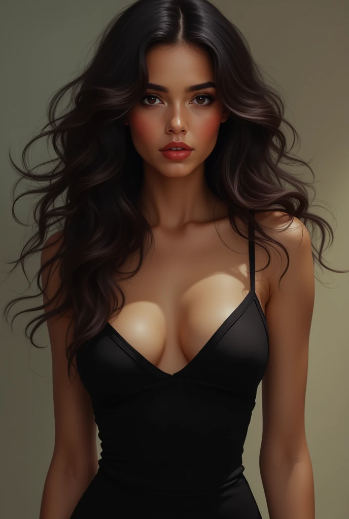 Create image of a beautiful curly haired girl, black dress and hourglass body.