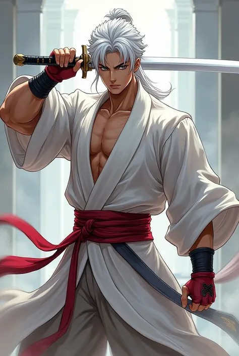 Make a character from murim manhwa, with white hair,he black eyes, and holding a white sword, he has a lot of muscle,  he wears a white outfit with red details, he is man, super strong