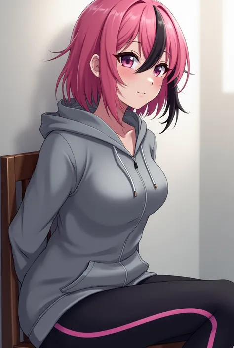 (Anime) woman, pink hair with black accents, layered bob, eyeliner, eyeshadow, content expression, smile, sat on chair, arms behind back, black leggings with pink stripes down sides, grey hoodie, draw strings, anime style, kidnapped, 1girl, side view, Brea...