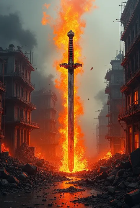 Create an image of a mural with a flaming katana in a completely destroyed city