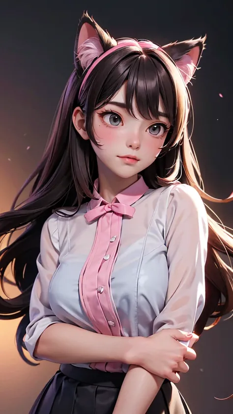 (high resolution, upper body, soft skin:1.2),(best illustration,masterpiece:1.2),ultra-detailed,[(cat ears , gray inside:1.2, brown cat eyes, rainbow long hair, large breast),vivid colors,sharp focus,portrait, low  lighting,bokeh, wearing a pink blouse and...