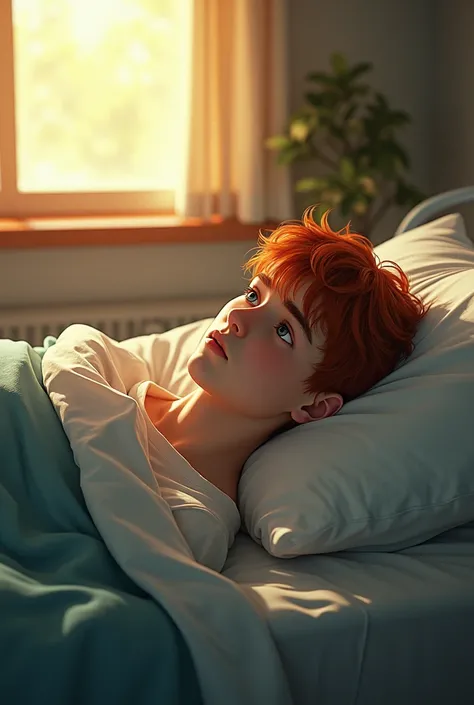 A 16-year-old boy in a hospital bed, It&#39;s daytime and the rays are reflected in the bedroom window. His 1 childhood friend with red hair visits him. The boy has amnesia and does not remember her well 