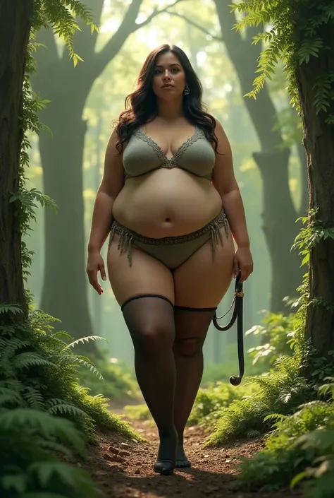 Fat and curvy woman with a small penis. She is wearing stockings and standing in the woods