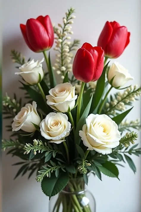 Masculine bouquet of red tulips and white roses 
