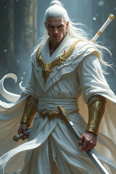 Make a character from murim manhwa, with white hair,he black eyes, and holding a white sword, he has a lot of muscle,  he wears a white outfit with gold details, he is man, super strong, and handsome he has a sinister presence