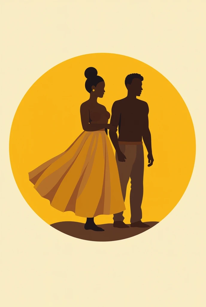 create a round logo in mustard yellow with the name jurema axós with a woman wearing a round skirt in the middle of the logo that refers to religions of African origin and a man in pants, a couple of the religion remembering that the name Jurema de Axós ha...