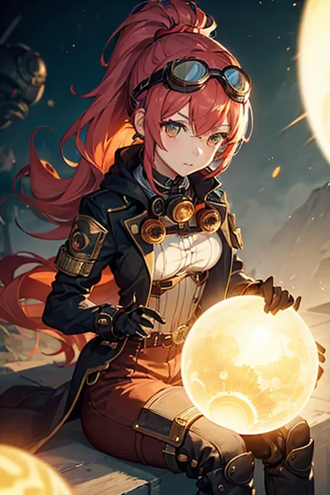 ((1girl)), anime, Coral hair,  High ponytail with goggles, steampunk outfit, mouth closed and expressionless, sitting, with her hands holding a glowing orb while two other glowing spheres orbit around her.