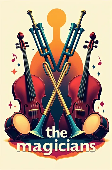 Generate an image where there are only musical instruments such as crossed trumpets, a bass drum, a bass and 2 drums on the sides. , and in the center it says "The magicians " well highlighted and colorful 