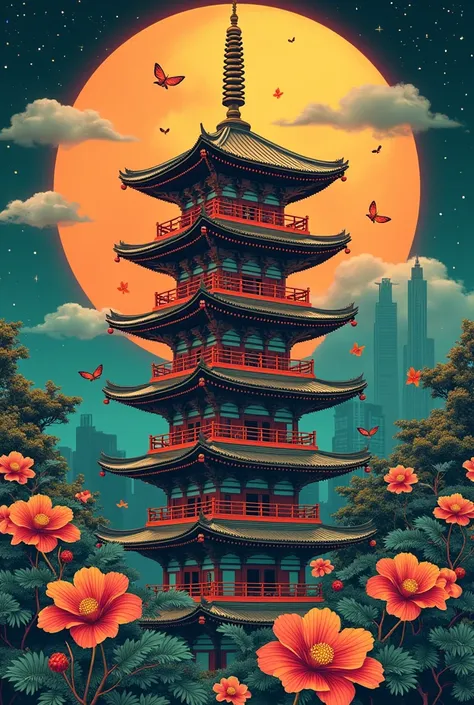 illustrated by Guo Chao style, poster design, in the style of psychedelic color schemes, hyper-detailed illustrations, 16k, a painting of a pagoda in the evening, in the style of graphic design-inspired illustrations, circular shapes detailed botanical ill...