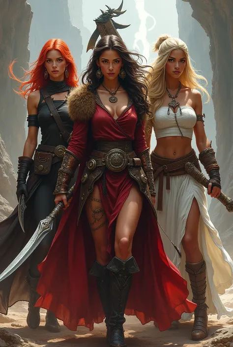 India, africana, Asian, Indiana, 

A red-haired rogue with daggers and black clothes., 

An Asian wizard in red robes and a fire staff. , 

A blonde barbarian in a bearskin suit and a very large axe., 

An Indian priestess in white robes and a staff of whi...