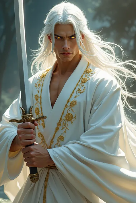 Make a character from murim manhwa, with long white hair,he golden eyes, and holding a white sword,  he wears a white outfit with gold details, he is man, super strong, and handsome he has a sinister presence. I don&#39;t want a realistic character