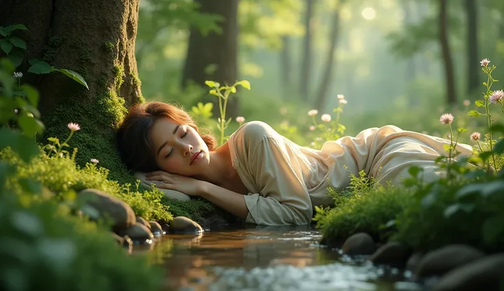 Woman sleeping in the forest。
very calm。
Soothing。
nature。