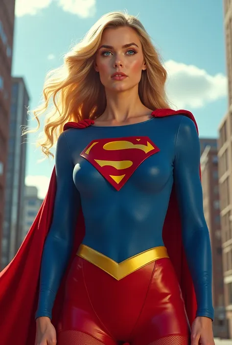 Full body Super girl classic BLUE eyes blonde hair in metropolis 