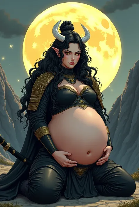 a female character with a swollen belly , huge belly , long belly to the knees, anime art. She has long curly black hair , bright golden eyes, and is dressed in a black samurai armor suit with yellow jade details and tight black shorts , predominantly blac...