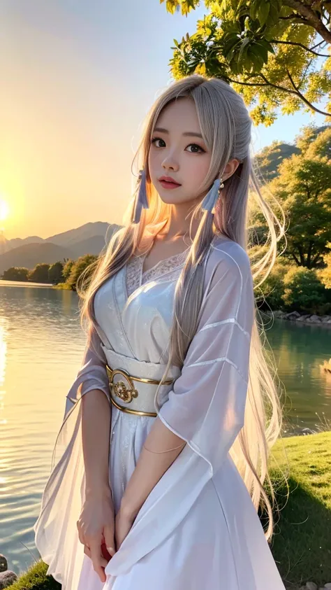 1 girl, Calm expression, Charming eyes, Long straight hair, Flowing dress, Maintain a balanced posture, Porcelain skin, faint blush, Crystal PendantBREAK Golden Hour, (Edge lighting):1.2, Warm colors, Flare, Soft shadows, Vibrant colors, Painting effect, A...