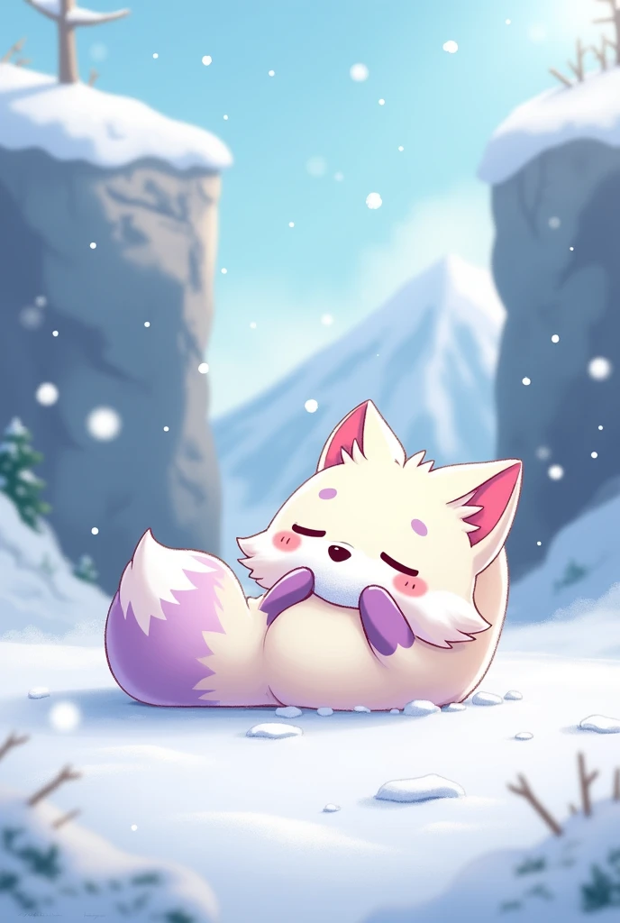 create a photo for a female team org, of a more cartoon style, which will be the following:
a snow fox lying on its back "little ball", with lilac tips, the place is snowing and behind it there is a snow cliff, and the fox&#39;s snout with a snow
