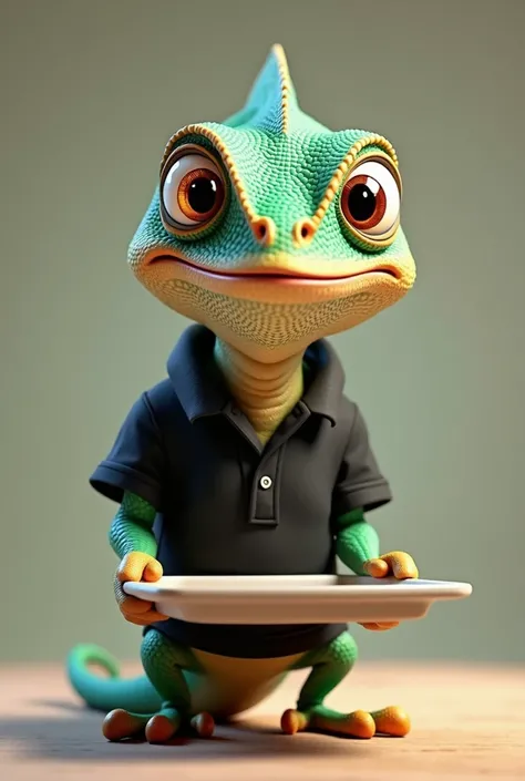 Little chameleon, nice and lively 3d, with a black polo shirt on the back. holding a rectangular plate, looking at the camera and smiling