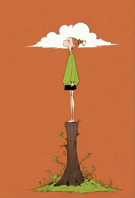 Ewa Poklewska-Koziełło in style of Mike Azevedo，Cartoon graffiti ， standing on a wooden stake looking into the distance，White Cloud，Fear of heights，whole body, Solid color background