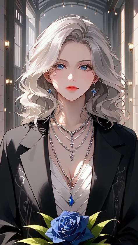 ptn,close-up,platinum blonde wavy hair, black jacket with intricate patterns, silver chain necklaces, holding a bouquet of blue ...