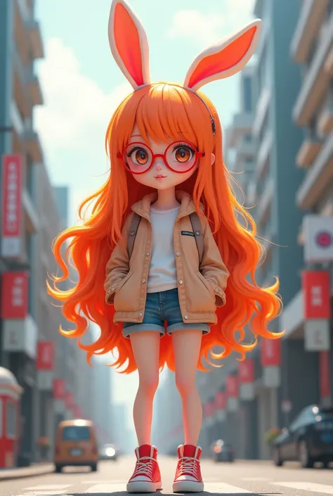 Anime girl

Girl with bunny ears, orange hair, in the middle and with big legs and red glasses. full body and urban clothes and long hair 
 curly and very white skin. big legs and caved body