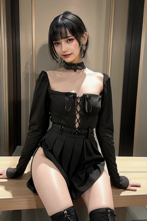 ((Crossing your legs:1.5)),Ultra-high resolution、(((Very heavy,Voluminous bangs:1.1))), ((ponytail))，Straight bangs hairstyle, People with round faces and round bangs, length, Glossless hair、Bangs cut straight,(masterpiece, Highest quality:1.5), (ultra det...