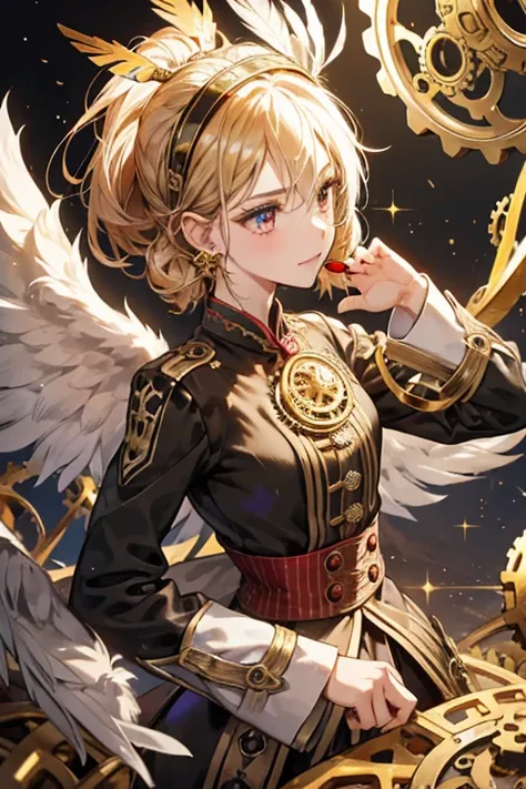 A GIRL, Clockwork Cage
A gold headband with a red ribbon, three white feathers, and a gold cage.

Clockwork Pierce
A pair of gold studs with gears.

Automata Screw Key
A large gold wind-up key for the back.

Tiny Wing
A brown wand with gold detail on the t...