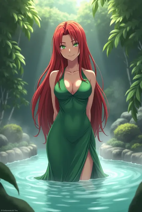 uzumaki_kushina, large_breasts, standing, solo, kushina_green_dress, masterpiece, best quality, detailed face, detailed eyes, highres, smile, onsen, carry_Minato_Namikaze