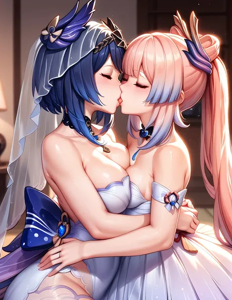 2girls, Sangonomiya Kokomi (genshin Impact), Kujou Sara (genshin Impact), kissing, living room, eyes closed, hands on anothers head, (((full anatomy))), ((2 separate bodies)), (((wedding dress)))