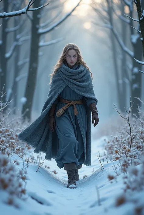 Feyre Archeron, wrapped in a heavy cloak to protect herself from the cold, enters the frozen forest with his bow and arrow. The surrounding landscape is covered in a thick layer of snow that glistens in the pale light of dawn.. The air is cold and sharp, m...