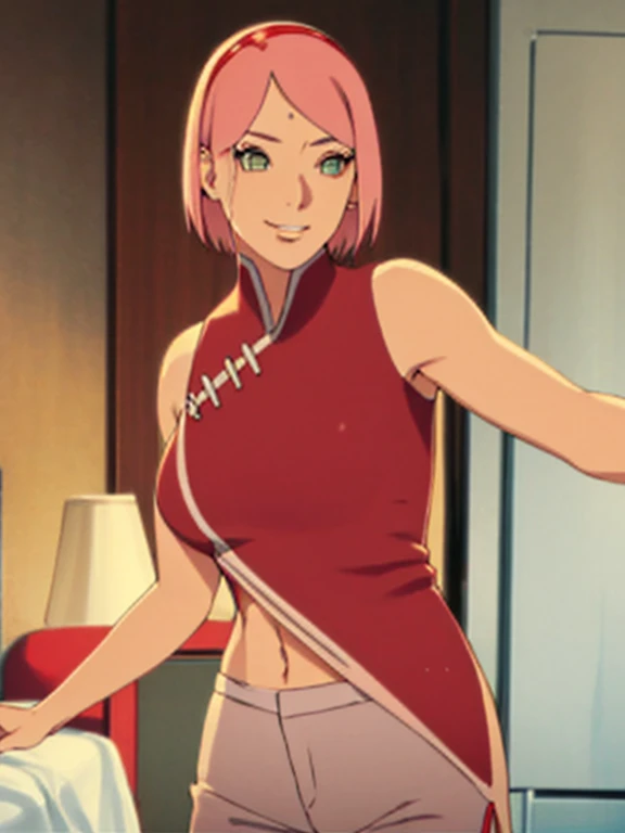 a beautiful young woman with detailed eyes, nose, and lips, with long eyelashes, wearing a tight-fitting red sleeveless dress and white pants, standing in a furnished bedroom with a red headband in her short pink hair, her midriff exposed and arms slightly...