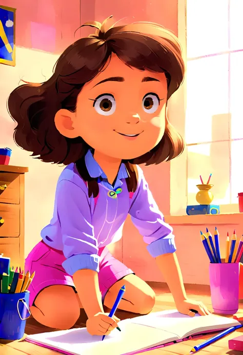 Clara, a   girl, wearing blue rain boots, she is drawing with crayons,with brown wavy hair, happy expression, wearing pink and purple clothes. No background. Detailed face, intricate details, colorful crayons, cozy indoor setting, beautiful lighting, soft ...