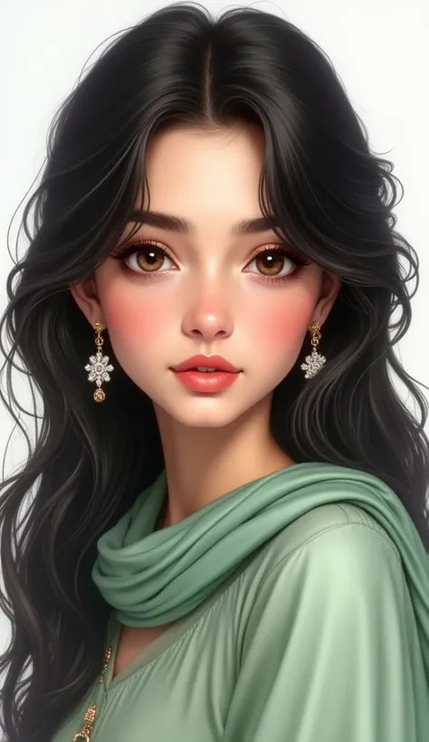 Ralistic upper-body image of a young & gorgeous Pakistani female, wearing light-green kameez with scarf on her neck, beautiful black shoulder wavy hair covered her half face, wearing earrings, white glowing skin, white skin, innocent & smiley face, round f...