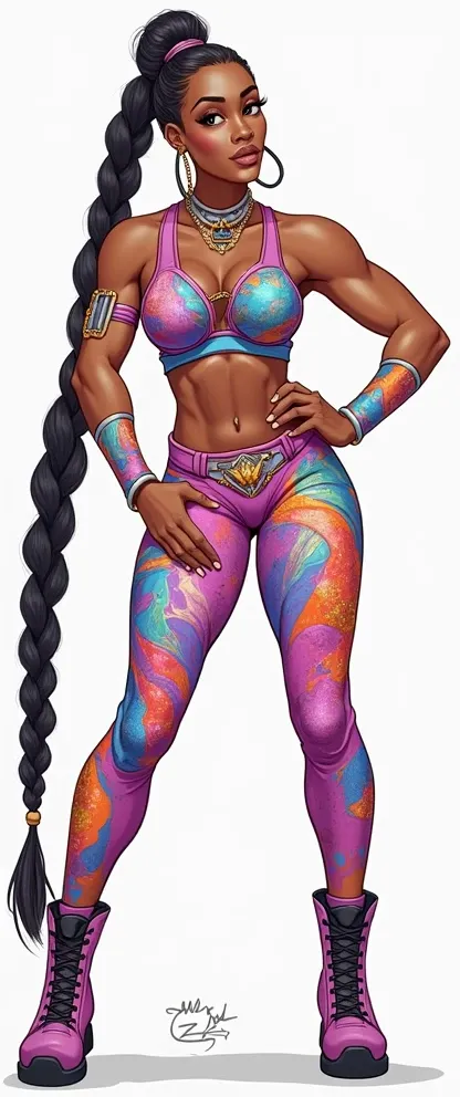 "a tall, muscular lightskin black woman with a long, thick single french braid hairstyle, high cheekbones, expressive eyes, and a confident smile, wearing vibrant wrestling attire with bold colors, sequins, and unique designs, with wristbands and custom-ma...