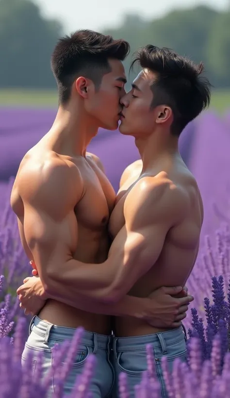 Two young naked Asian male models , athletic build, shirtless, ripped and sexy naked bodyies, strong confident pose, kiss and cuddle each other, big bugling crotch, lavender flower field, (best quality, 4k, 8k, highres, masterpiece:1.2), ultra-detailed, (r...