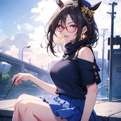 solo、alone、Horse ear girl、Horse ear woman、Wearing red glasses、Pink Lipstick、cheek。cute blue clothes、Blue sweater、Shoulder Point、Short sleeve、mini skirt、Mini Hat、hair ornaments、Earrings、brooch。High resolution, masterpiece, accurate, Anatomically correct, Wi...