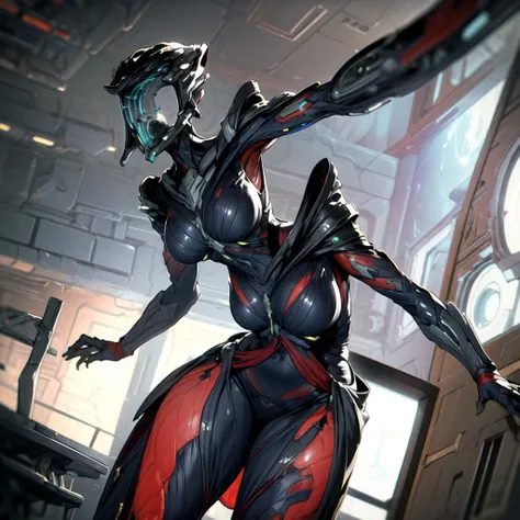 masterpiece,best quality,1girl,warframe,Dagath,faceless,large breasts,wide hips,thick thighs,bodysuit,armor,pelvic curtain,standing,(bent over),cowboy shot,spacecraft interior,science fiction,dutch angle,