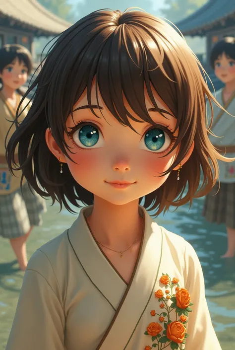  girl with short hair, Her hair is brown with cinnamon-colored streaks., His eyes are light blue, her clothes are from the bathhouse of chijiro&#39;s journey with the background of the cover of chijiro&#39;s journey and with the main characters