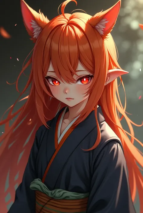 (masterpiece), 1 boy, dog ears, long orange hair, red demon eyes, japanese robe, digital art, detailed, refine, high resolution