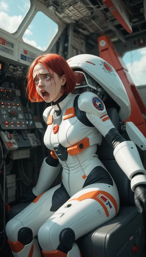 Absurd resolution, high resolution, (masterpiece: 1.4), hyper-detail, 1 young woman, short red hair, pilot suit, rich princess, sitting in an extremely narrow closed mecha control room, expression scared crying open mouth call (1.3), in the sky