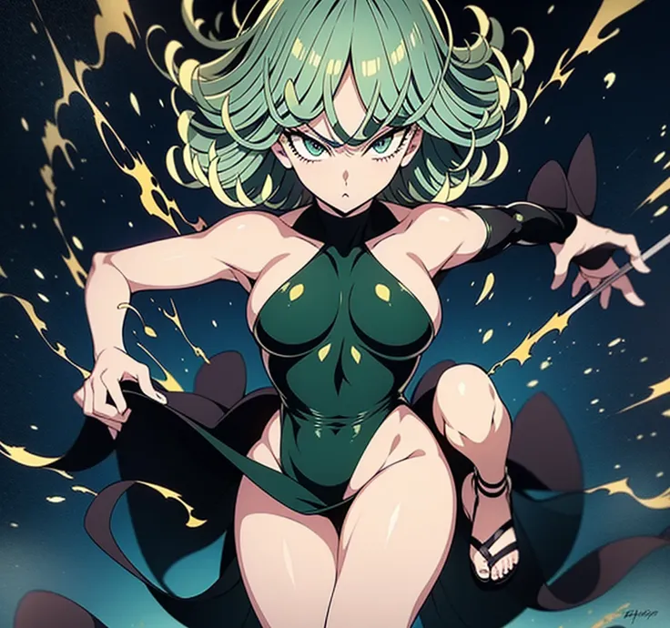 (8k resolution), (tatsumaki from one punch man), wearing a black dress, sandal with heels and high peg heel, body of perfection,...