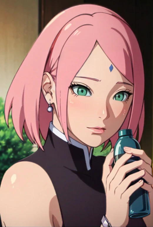 a beautiful detailed portrait of a pink-haired girl Sakura Haruno, wearing a black skirt, off-the-shoulder sweater, pearl earrings, and a wrist watch, beautiful detailed eyes, beautiful detailed lips, extremely detailed face and features, long eyelashes, f...