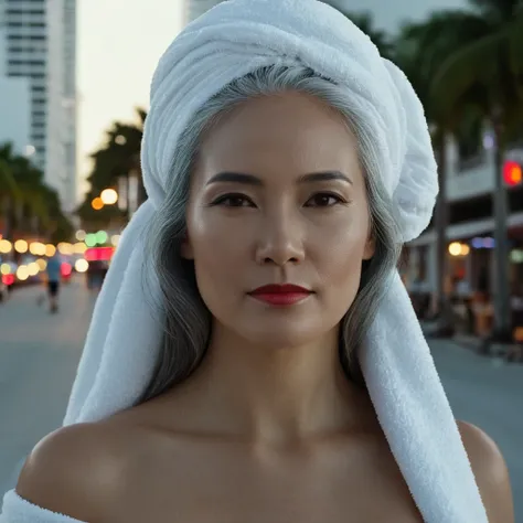 cinematic film still of bright light, bright, a middle aged sexy gray haired still very young looking asian woman wearing only a...