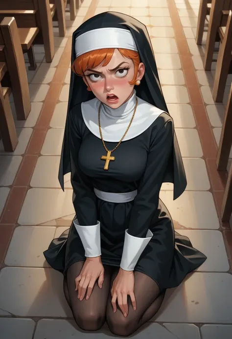 dexter mother from the cartoon "dexter laboratory", nun clothes, annoyed, flushed, look at the viewer,  black pantyhose up to th...