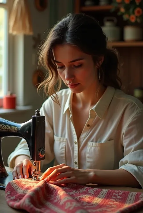 A woman sewing a bag with a sewing machine