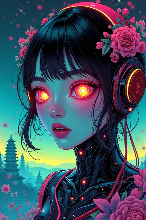 ((best quality)), ((masterpiece)), (detailed), perfect face of cyberpunk mecha japanese girl, neon rainbow eyes, metallic black body, rainbow hair, ((monochromatic neon rainbow color palette)), surreal, art nouveau, spaceships, aliens, fantasy, sci-fi, gra...