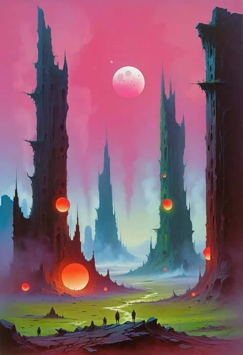 acrylic painting a vivid scifi illustration of landscape of a deserted planet with three moons of different sizes, ruins of a fa...