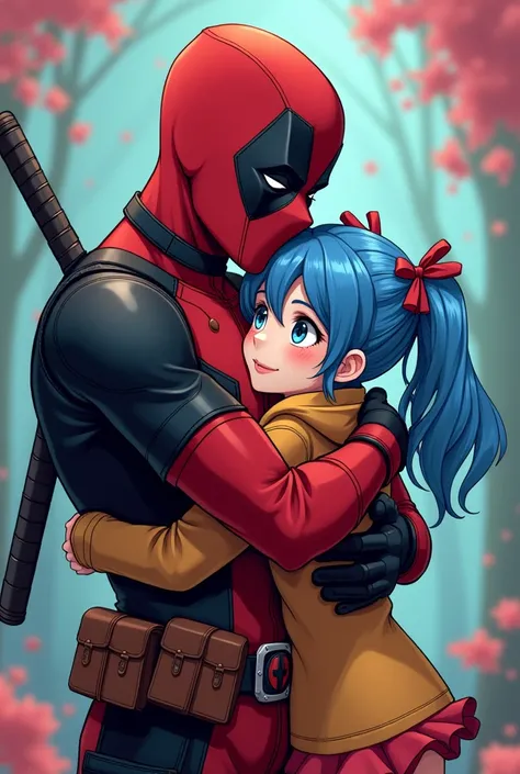 Deadpool and Coraline hugging anime version