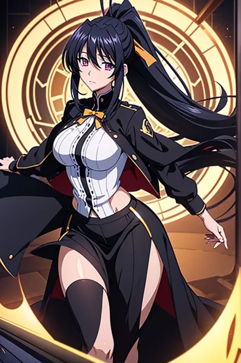 an 8k 3d cgi image of a manga-style medium shot of the high school dxd character akeno himejima. akeno is an attractive and volu...