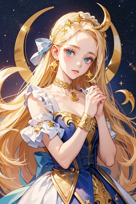 A GIRL, A gold ornate forehead piece with a star at the middle. On the side, the gold ornate crescent and star has glittery gold fabric hanging from it, along with a ruffled white piece of fabric, and one pleated piece.

Crescent Luna Earrings
Gold pearl e...